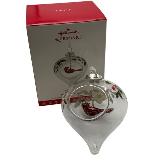 Vtg 2017 Hallmark Winter Cardinal QGO1822 Glass Orb Metal Bird Keepsake Ornament - Picture 2 of 12